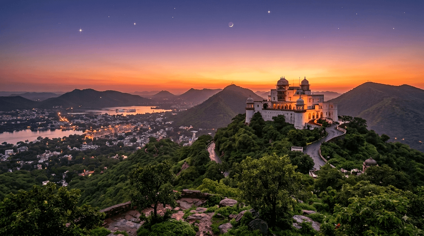 Sunset at Udaipur’s Monsoon Palace: From One Hill to Another